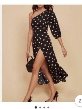 Reformation Black and White Polka Dot One-Shoulder Midi Dress